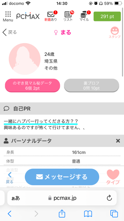 出会い系の女性のプロフィ（ハプバー）